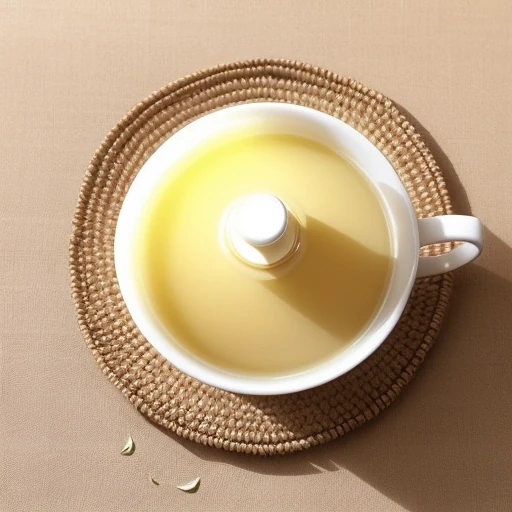 Top-down tea cup crop on a woven coaster with a pale tea tone.