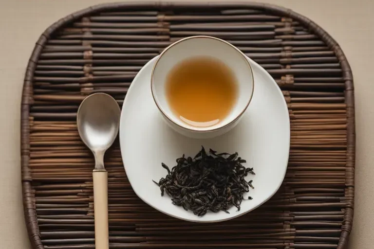 Minimal tea still life with brewed tea and loose leaves on a woven tray.