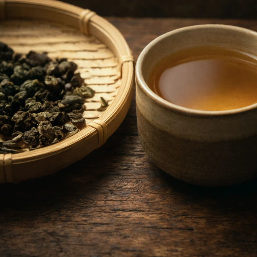 Red oolong tea leaves photographed close-up with a richer warm tone.