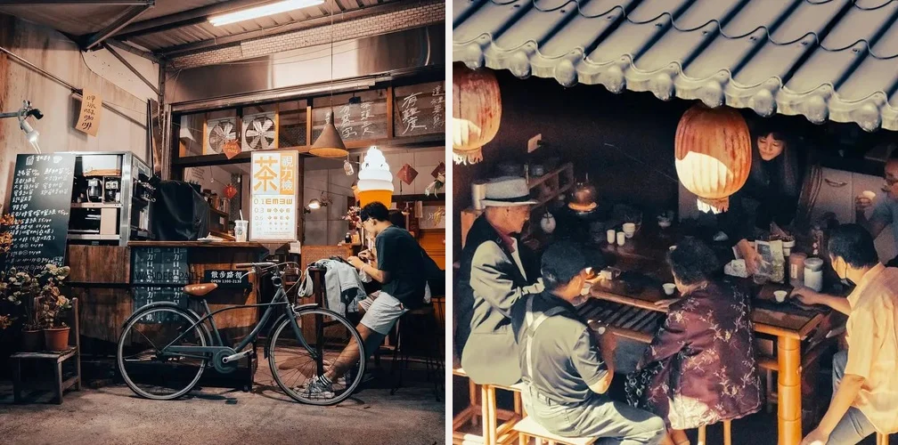 Collage of Nantou tea culture — a traditional tea shop with a bicycle, and friends sharing tea under glowing lanterns.