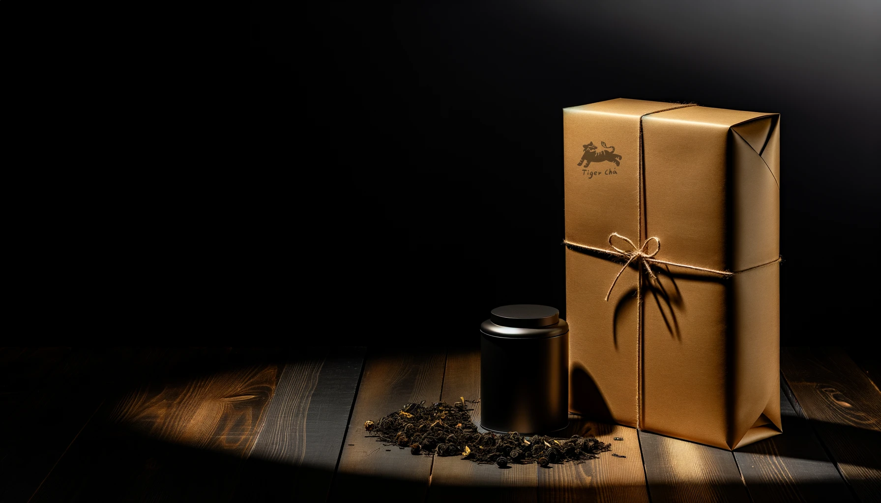 A kraft paper tea parcel with twine on a dark wooden surface, accompanied by loose oolong leaves and traditional architecture in the background.