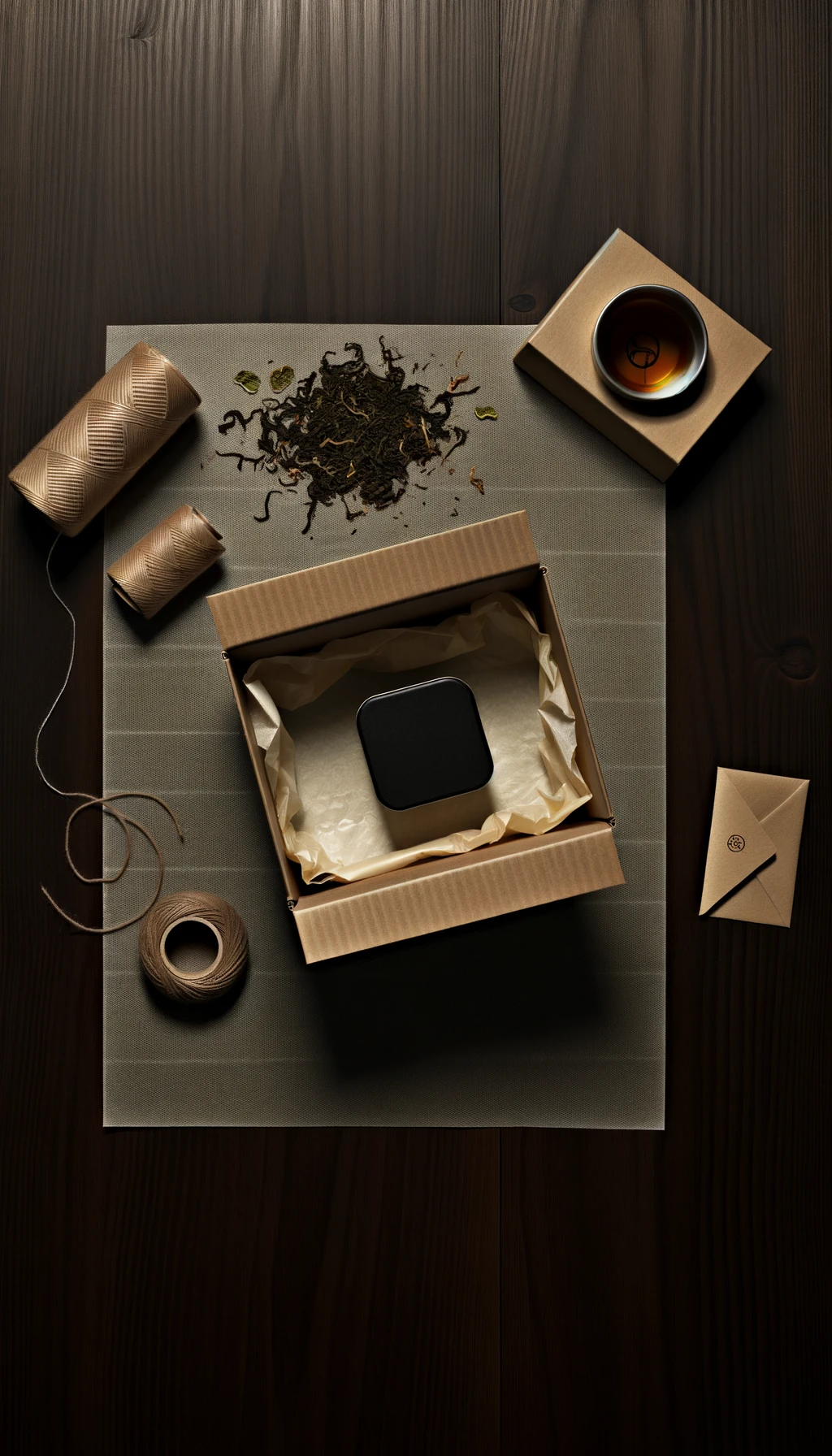 Overhead view of tea packaging process: an open kraft box with tissue paper, a black tea tin, scattered oolong leaves, twine, and a wax-sealed envelope on a dark walnut table.