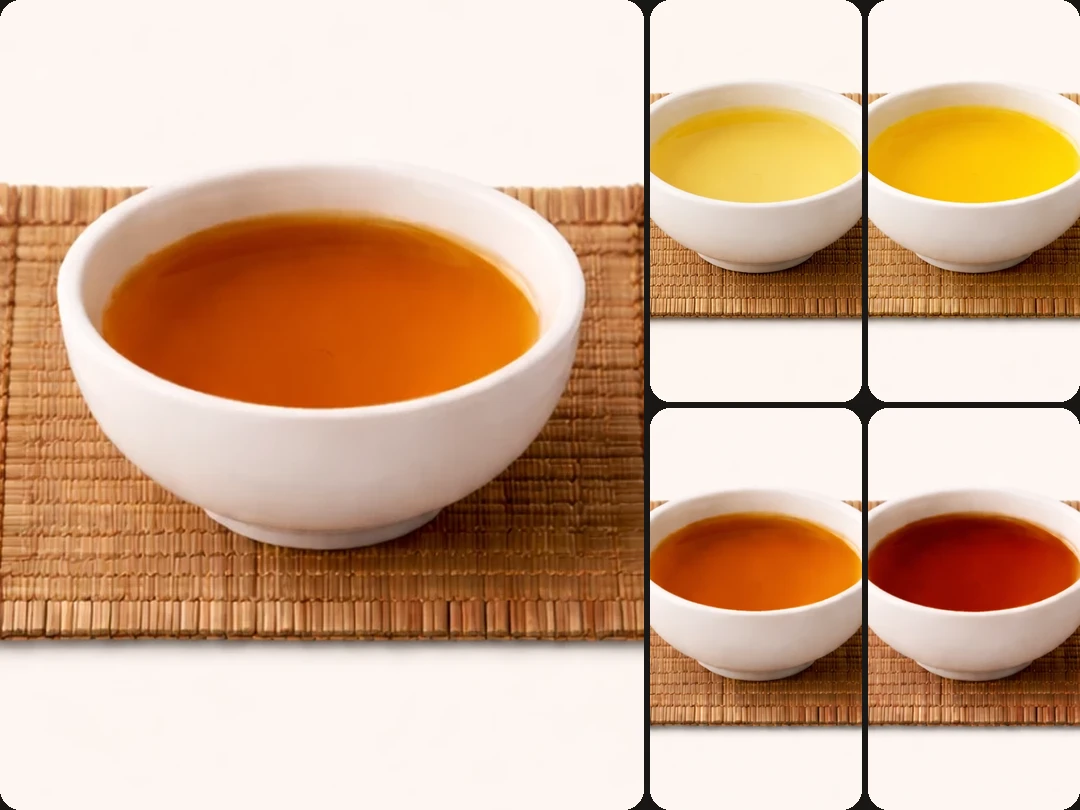 Tea assortment collage with cups and loose-leaf profiles on a warm neutral backdrop.